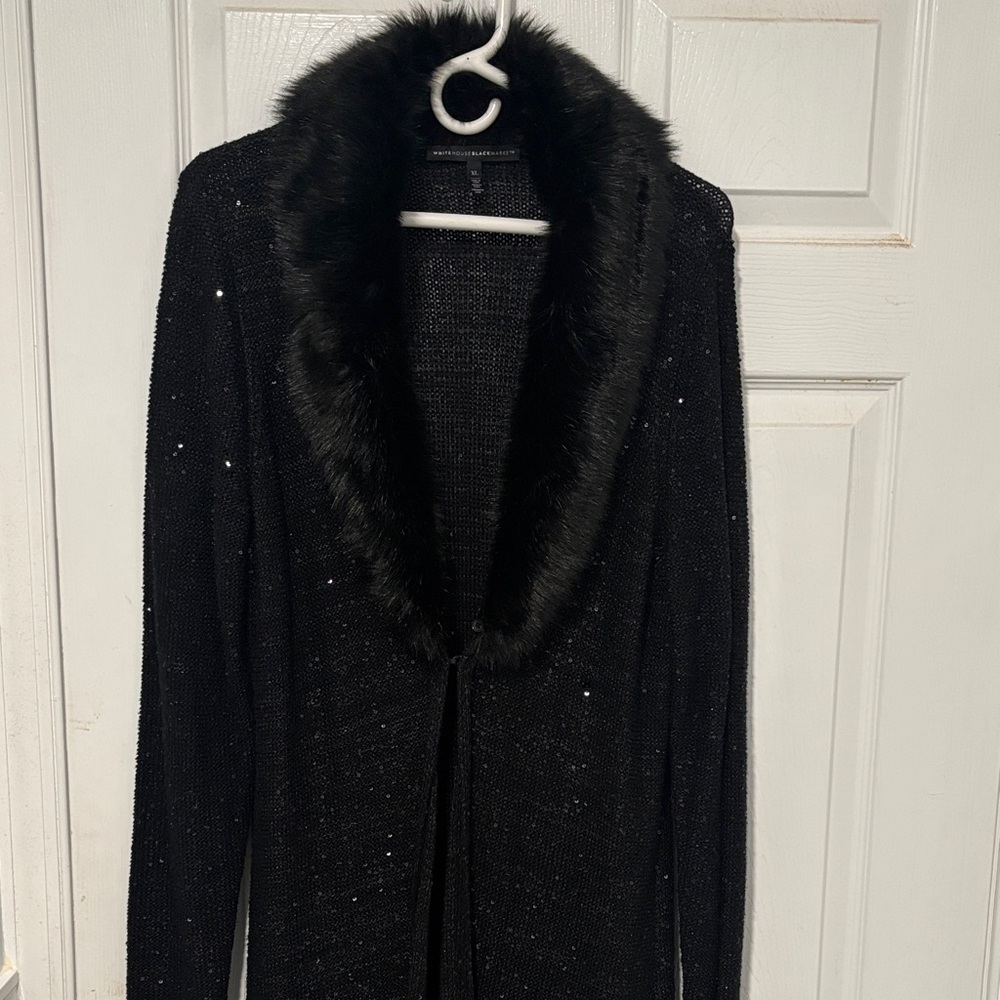 White House Black Market Black sparkle Cardigan with Faux Fur Trim Fur removable